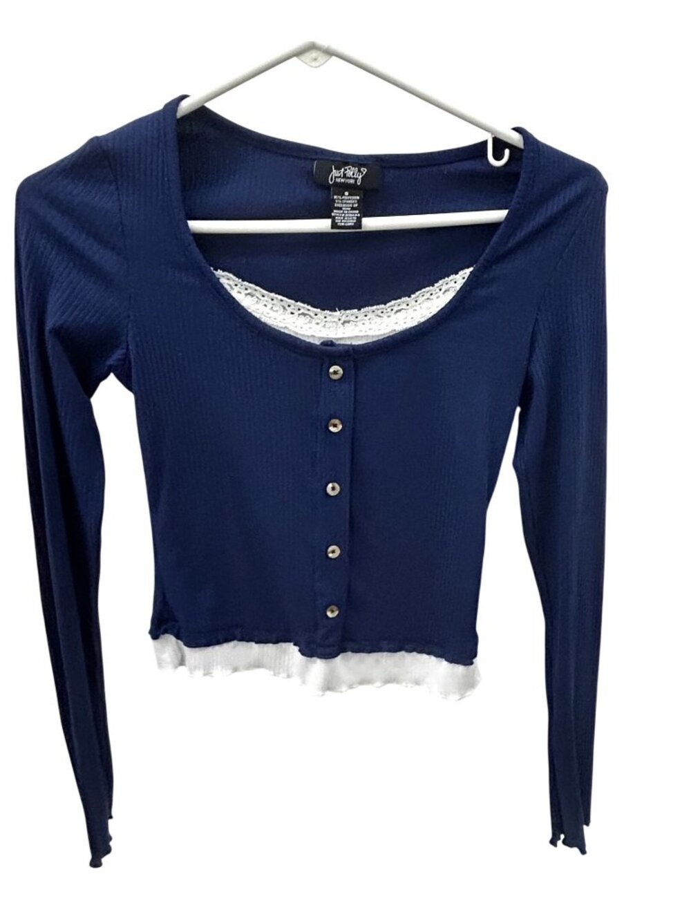 Just Polly Navy Blue and White Faux Layered Ribbed Shirt - Lace Trim Sz Small